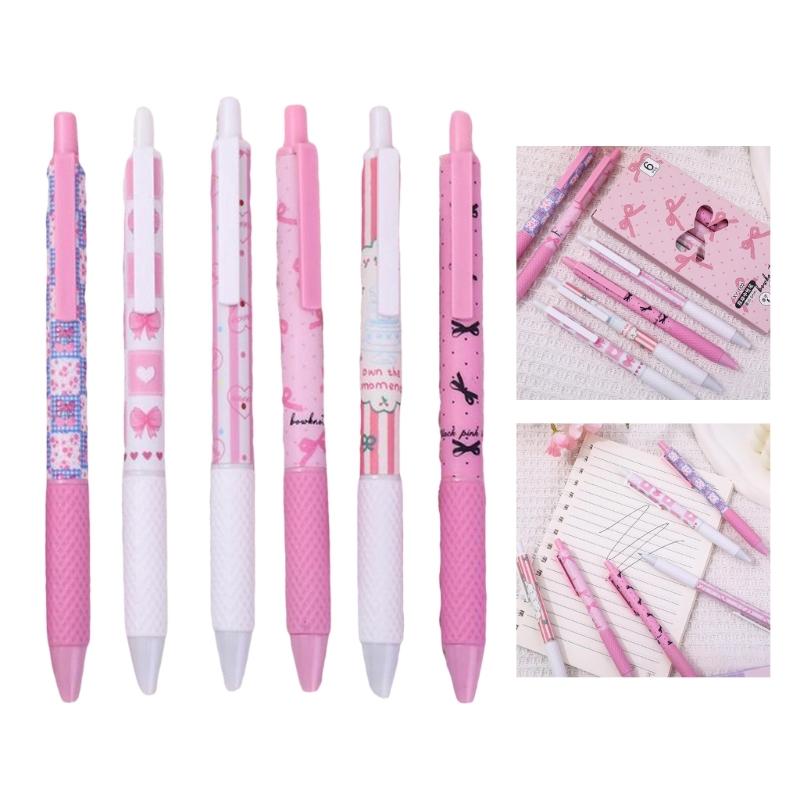 6pcs Luminou Study Pen Featuring Ergonomic Grip and Decorative Ribbon Trim