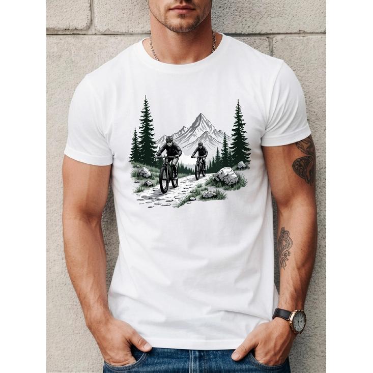 Men'S Graphic T-Shirt - Mountain And Cyclist Print | Breathable, White With Black Mountain Design, Round Neck Casual Summer Tee For Enthusiasts, Gym