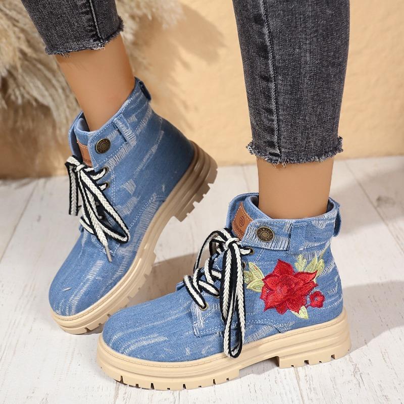 Fashion Women's Chunky Single Boots New Fall Round Head Denim Embroidered Front Lace-up Thick Sole Non-slip Ankle Boots