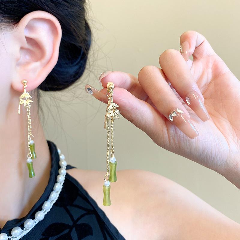 Olive Green Tassel Bamboo Earrings: Women's Chinese Style, Qipao-Inspired Leaf Ear Cuffs