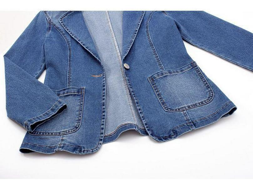 Dameslimfit denimjakke, dresskrage, ensfarget, cardigan med én knapp - trendy vår og høst