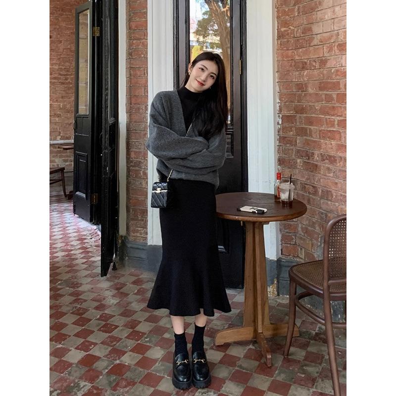 Autumn and winter with a coat, high-end sense, thin semi-turtleneck black dress, temperament fishtail skirt inside