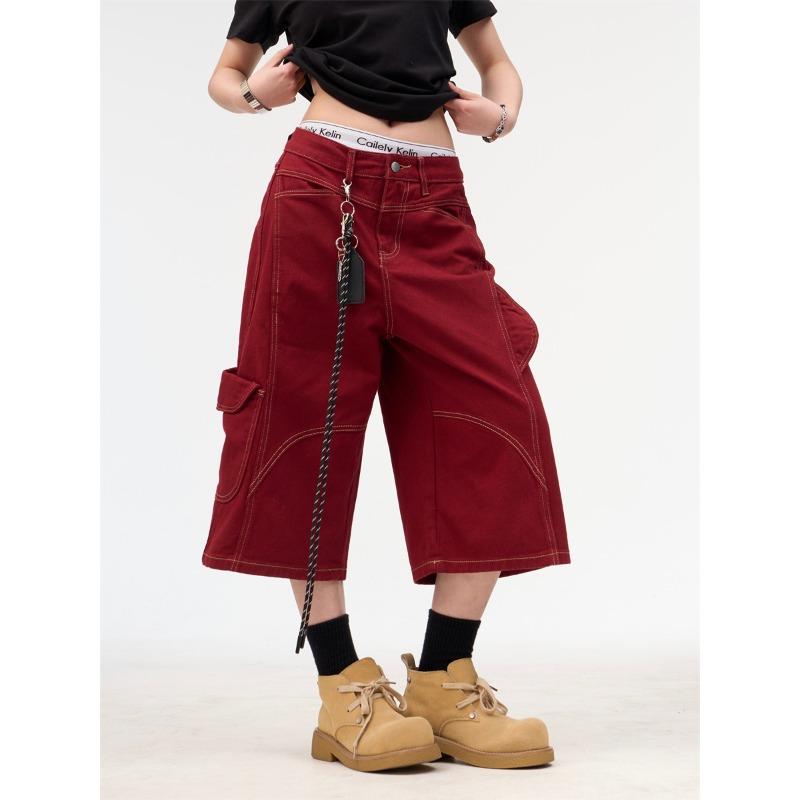 

Джинсовые шорты с множеством карманов, летние, деконструкция, яркий дизайн брюк, широкие штанины, шорты средней длины, мужские и женские S бордовый