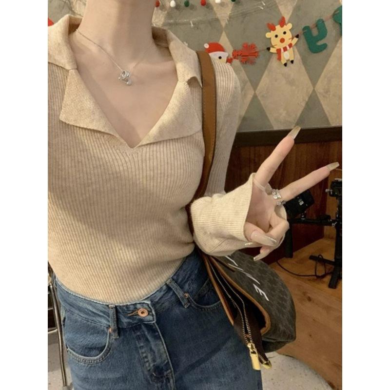 Flower Camel Collar Slim Fit Sweet and Spicy Bottoming Shirt Women's Autumn Polo Lapel Pit Strip Top Sweater