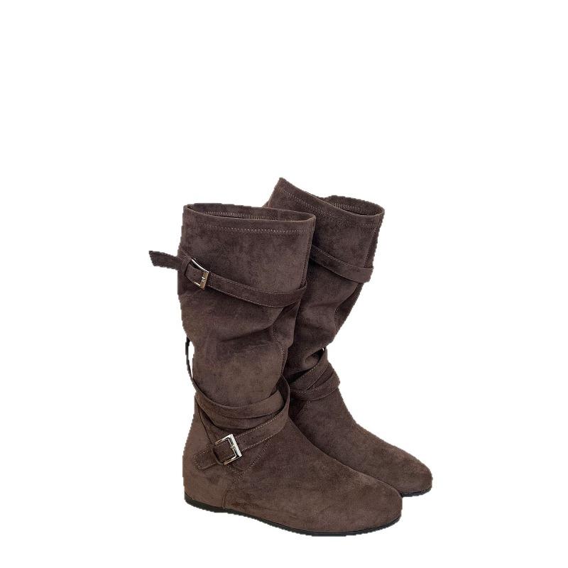 New Women's Autumn and Winter Height-increasing Shoes, Pleated Shoes, Round-toed Buckle Mid-calf Boots