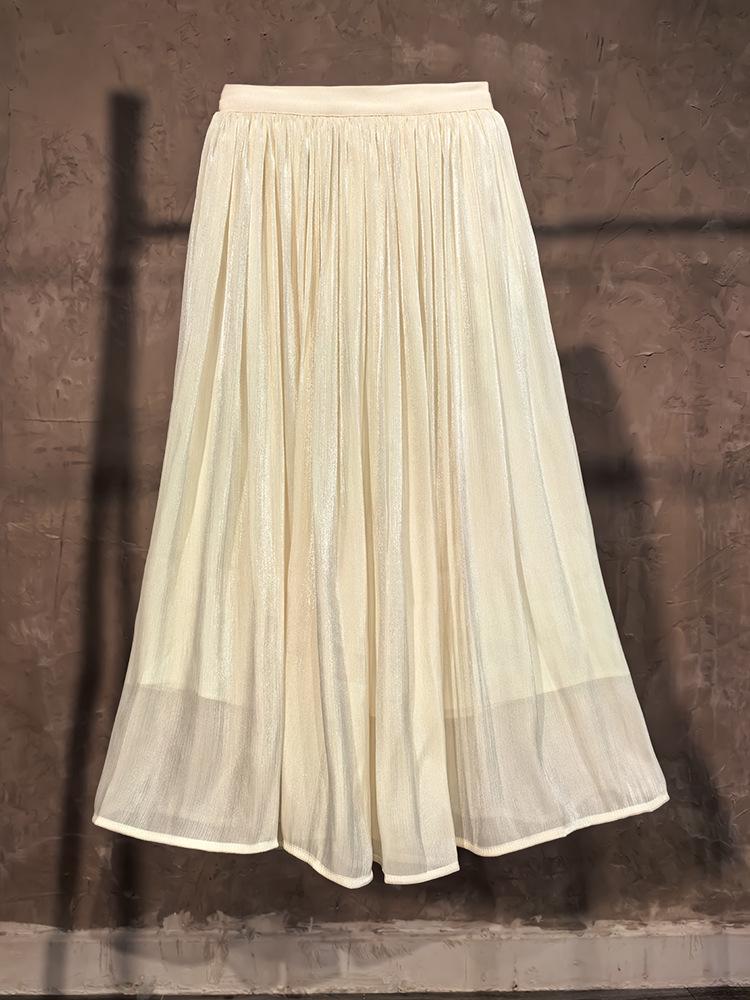 Champagne High Waist Seamless A-Line Gauze Skirt for Women - Versatile Mid-Length for Spring, Summer, and Autumn.