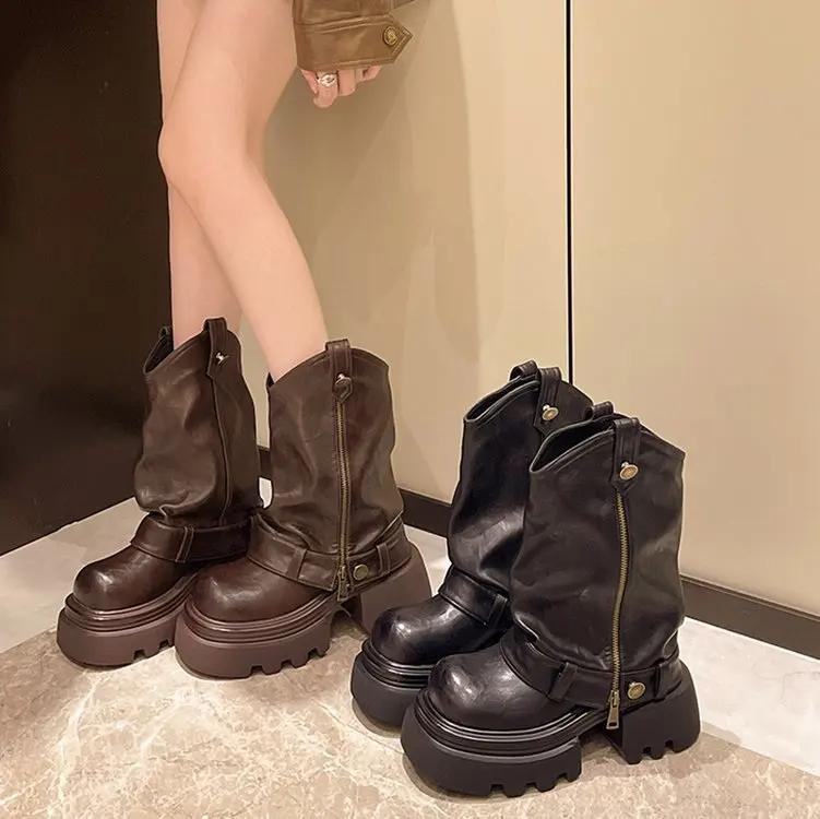 Móda 2025 PU Kůže Jarní Boty s Kulatou Špičkou Motorkářské Boty Dámské Kotníkové Boty Dámská Móda Komínové Podzimní Mokasíny