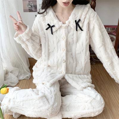 Sweet Coral Fleece Pajamas Warm Autumn Winter Long Sleeved Cardigan Pants Home Wear Two Piece Set Loose Fitting Casual Nightwear