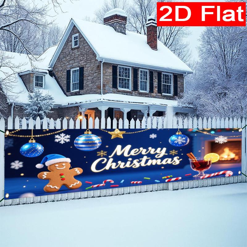 Blue & Silver Christmas Yard Banner, Merry Christmas Xmas Sign Design, Polyester Outdoor Garden New Year Party Supplies