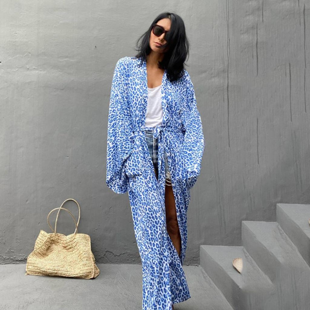 Leopard Print Long Cardigan Loose Large Size Beach Sunscreen Jacket Bikini Blouse