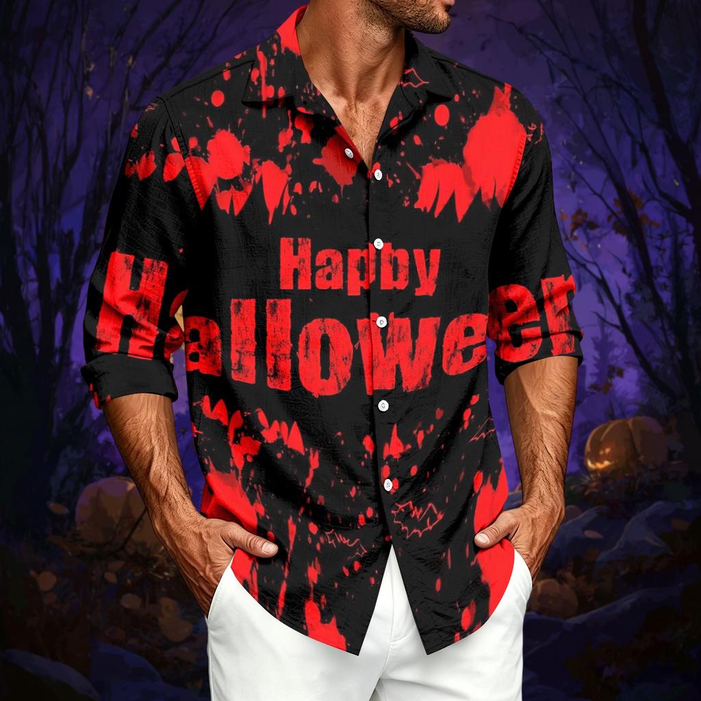 Men's Long Sleeve Casual Shirt with Halloween Print for Spring and Fall