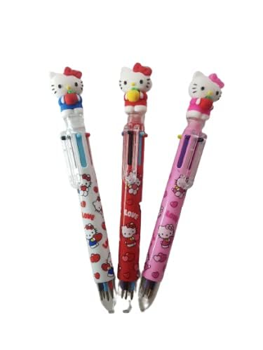JVPEN WRITING INSTRUMENT Wociud Hello Kitty 0.7mm 6-Color Multicolor Ballpoint Pen with Hello Kitty Figure (Set of 3)