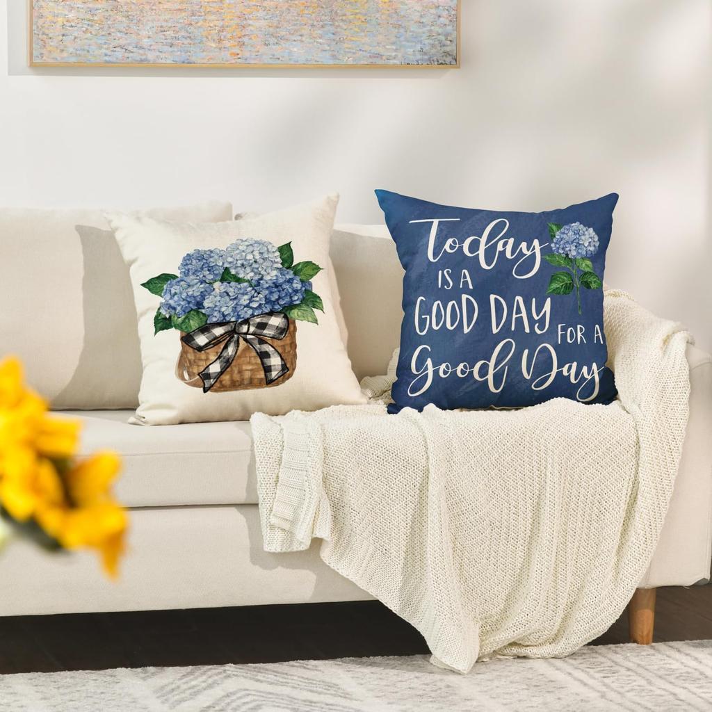 Blue Hydrangea Spring Summer Throw Pillow Covers, Blue Cushion Case Decoration For Sofa Couch Set Of 4