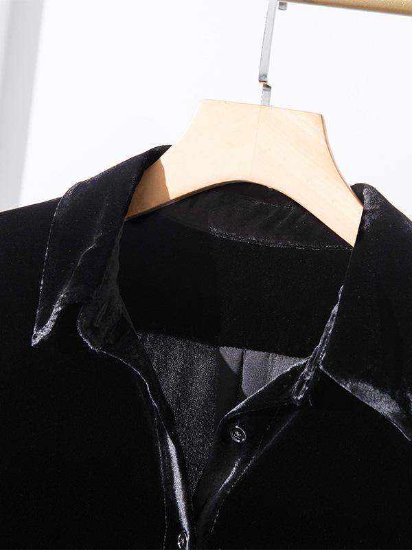Women's Retro Black Silk Velvet Shirt - Mid-length, Loose-Fit, Perfect for Spring Commutes.