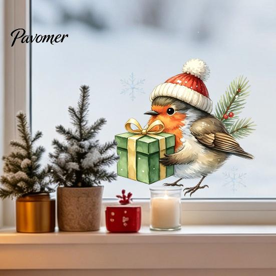 Waterproof PVC Glass Film Christmas Bird Static Window Clings, Decals with Santa Hat And Decorative Stickers for Home Gift Box, Removable Holiday Door