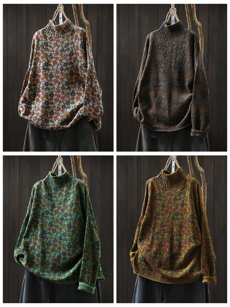Women's High Neck Floral Print Sweater, Plus Size, Relaxed Fit, Stylish Autumn/Winter 2025 Collection.