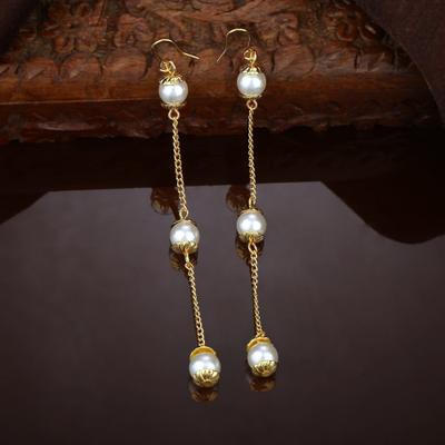 Gold Plated Pearl Chain Drop Earrings For Women
