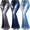 Damen Herbst Denim Schlaghose Hohe Taille Reißverschluss Knopfleiste Zerrissene Löcher