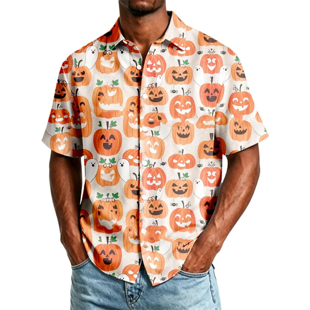 Herren Freizeithemd Kurzarm Button-Down Halloween-Print Leichtes Atmungsaktives Gewebe Lockere Passform Hemd für den Alltag