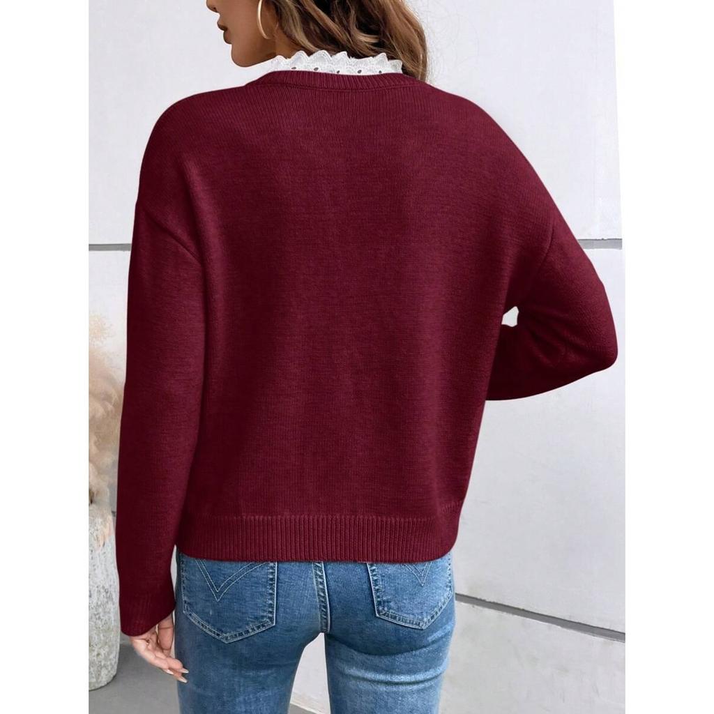 Lace Lace, V-neck, Sweater, Solid Color, Loose Fit, Long Sleeved, Women's, Knitted Sweater, Warm, Casual Shirt