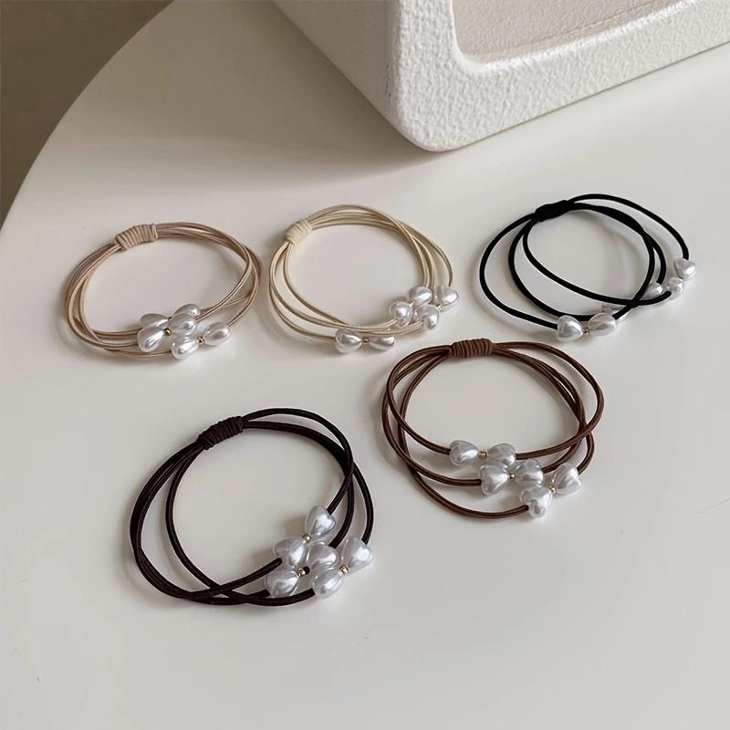 

5 шт./набор Жемчужные резинки для волос Сердце Бант Бисерные резинки Основная эластичная резинка для волос Держатель для хвостика Женские аксессуары для волос