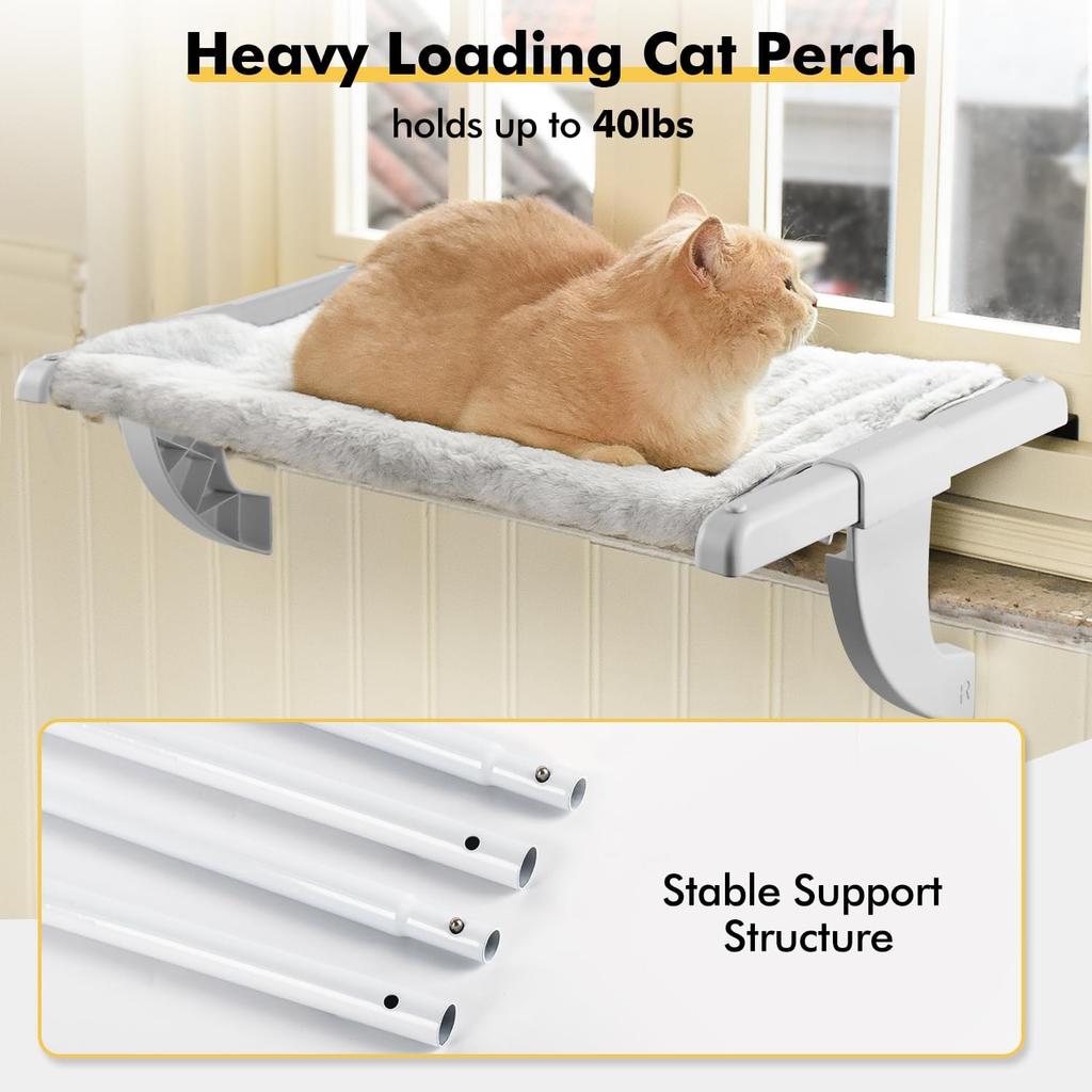 Window Sill Mount Cat Perch for Indoor Cats, One-Step Sliding Clamping Slot Adjustment Cat Hammock with Washable Cover, No Suction Cups Pet Bed for