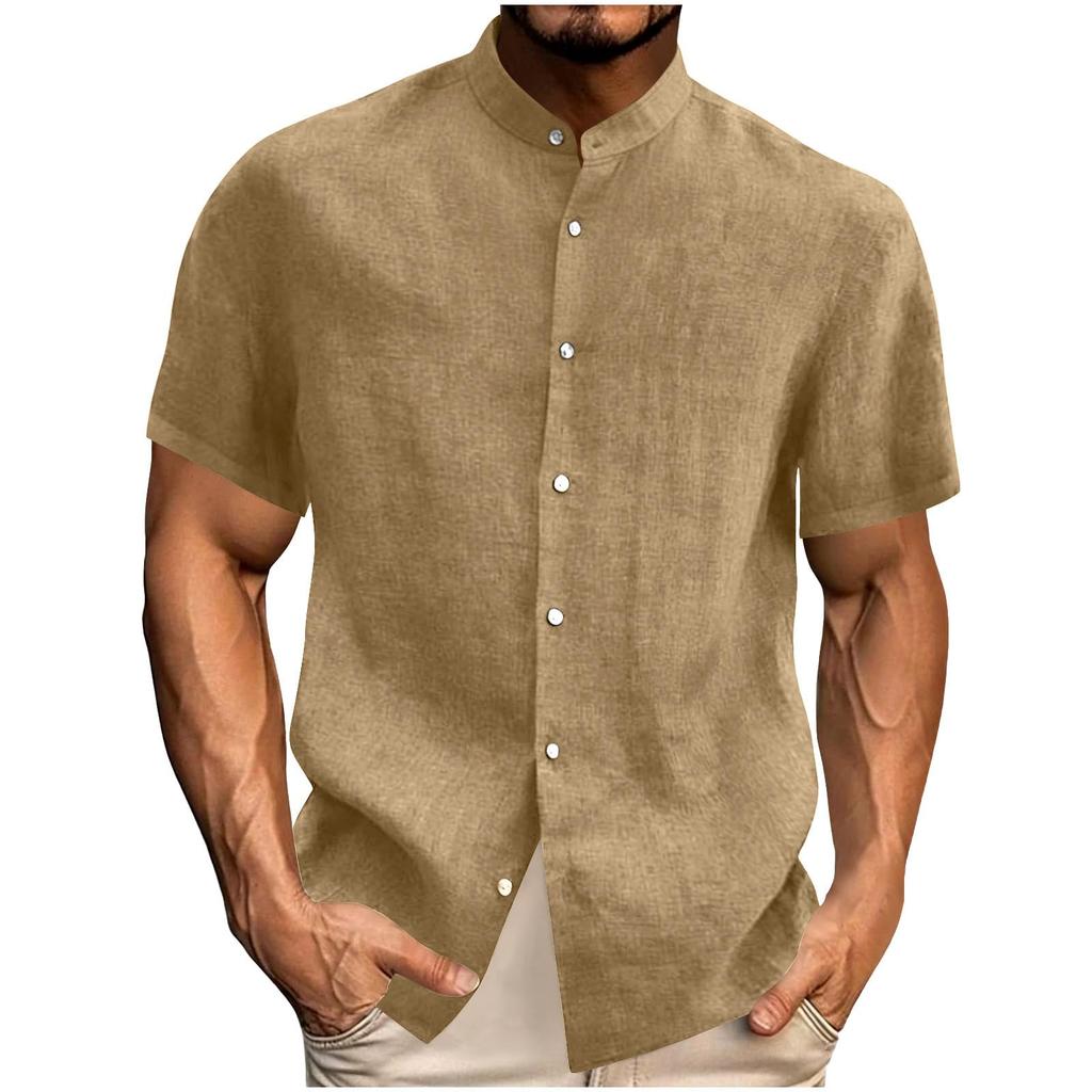 Top Casual Uomo alla Moda Colore Girocollo Manica Corta Bottoni Ampio Cotone e Lino