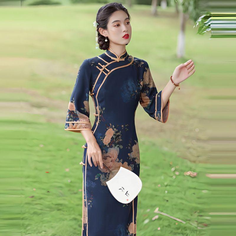 Qipao Spring and Autumn Chinese Style Vintage Print Slim High End Improved Cheongsam Dress for Women