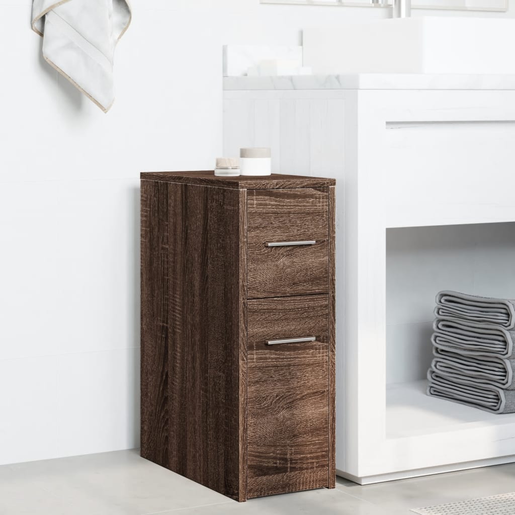 Narrow Bathroom Cabinet with Casters Oak Effect Wood Material