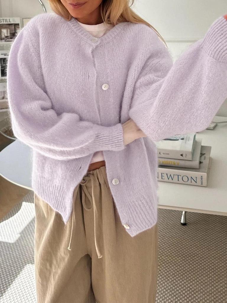 Elegante Damen-Strickjacke mit Knöpfen - Herbst/Winter Unifarbener Rundhals-Pullover