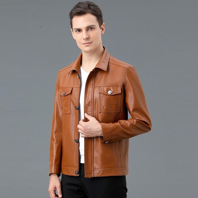Luxurious New Men's Leather Jacket Autumn and Winter New Men's Handsome Leather Jacket with Pockets Korean Style Lapel Jacket