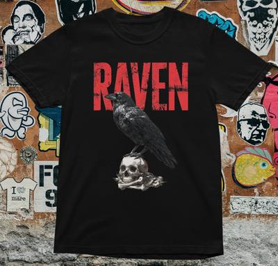 Raven On Skull T-Shirt Dark Gothic Bird Graphic with Red Text Horror Streetwear