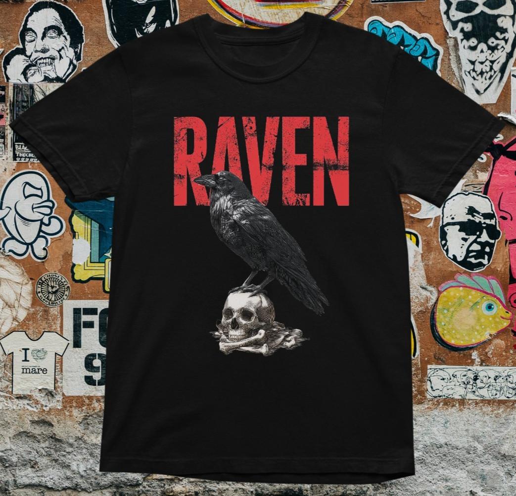 Raven on Skull T-Shirt Dark Gothic Bird Graphic with Red Text Horror Streetwear L