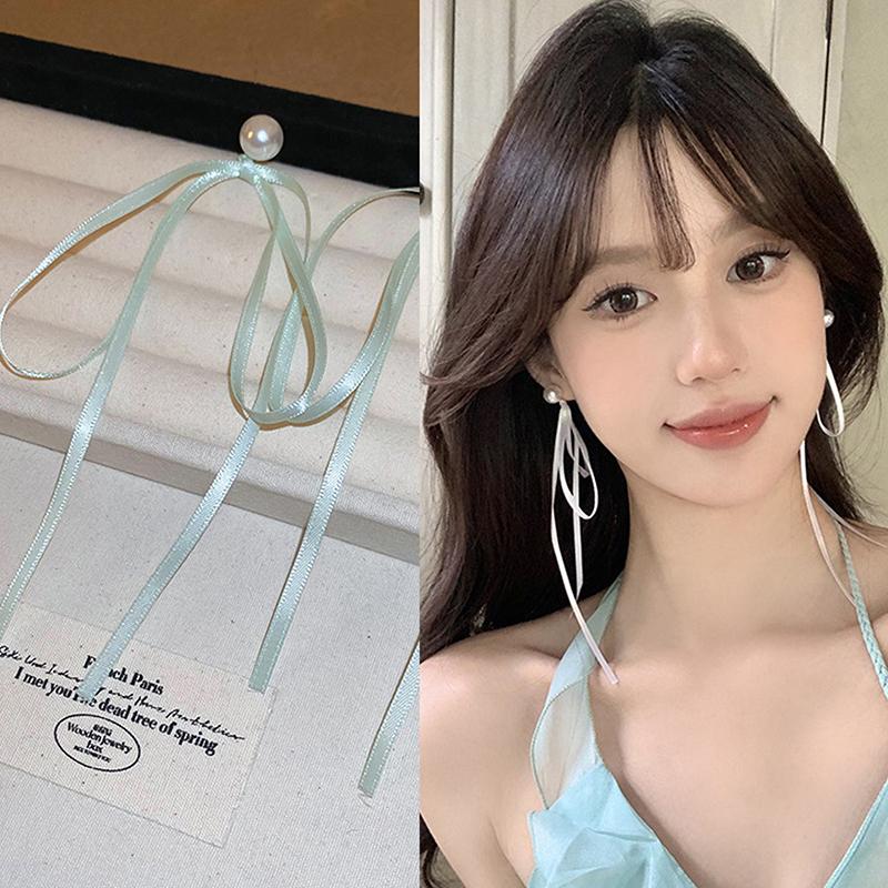 Korean Style Sweet Fresh Ribbon Bowknot Charm Stud Earrings Pearl Heart Dangle Ear Buckles For Girl Ballet Ear Jewelry