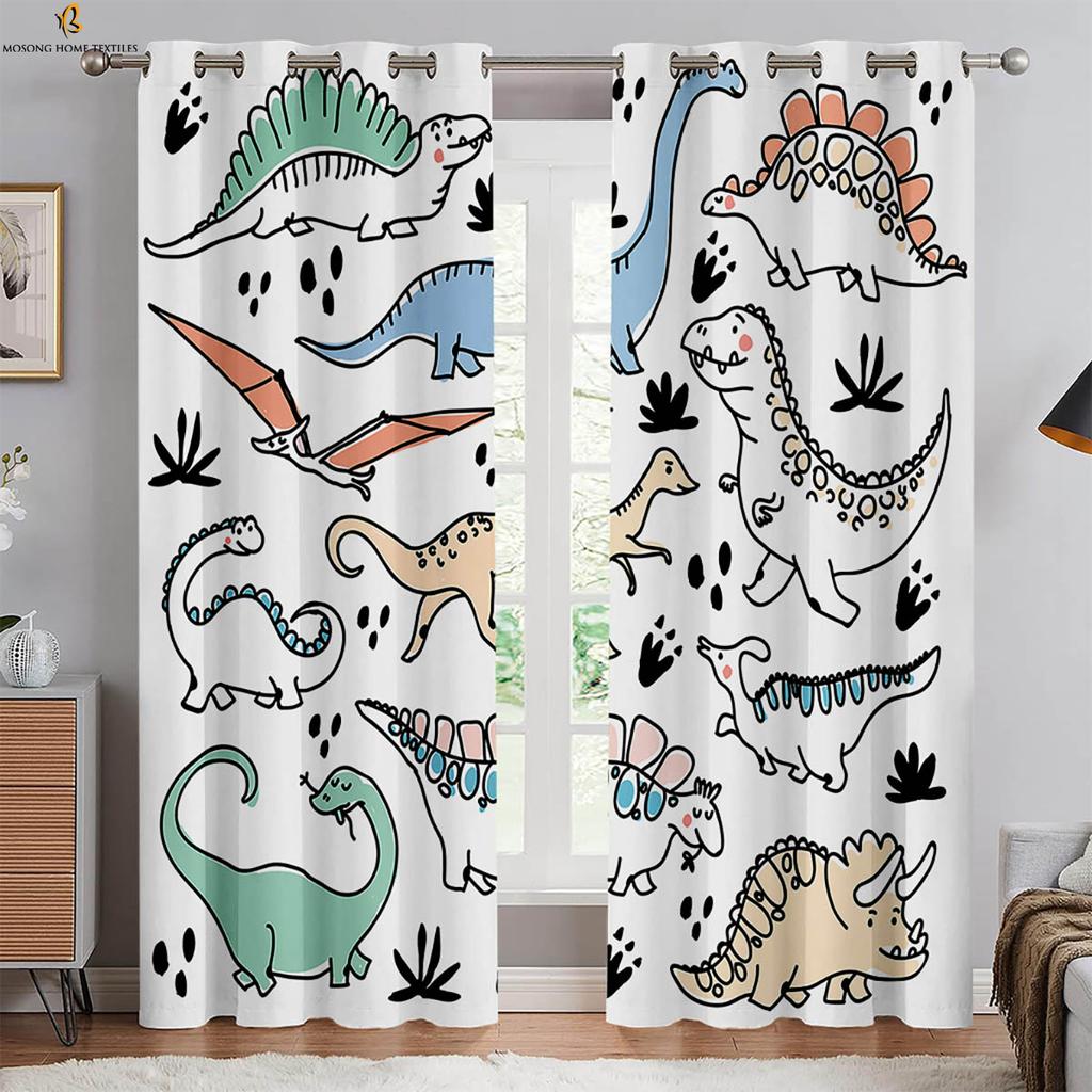 Set Of 2 Funny Cartoon Dinosaur Print Curtains Bedroom Living Room Kitchen Children Decorative Can Be Made Polyester Window Treatment