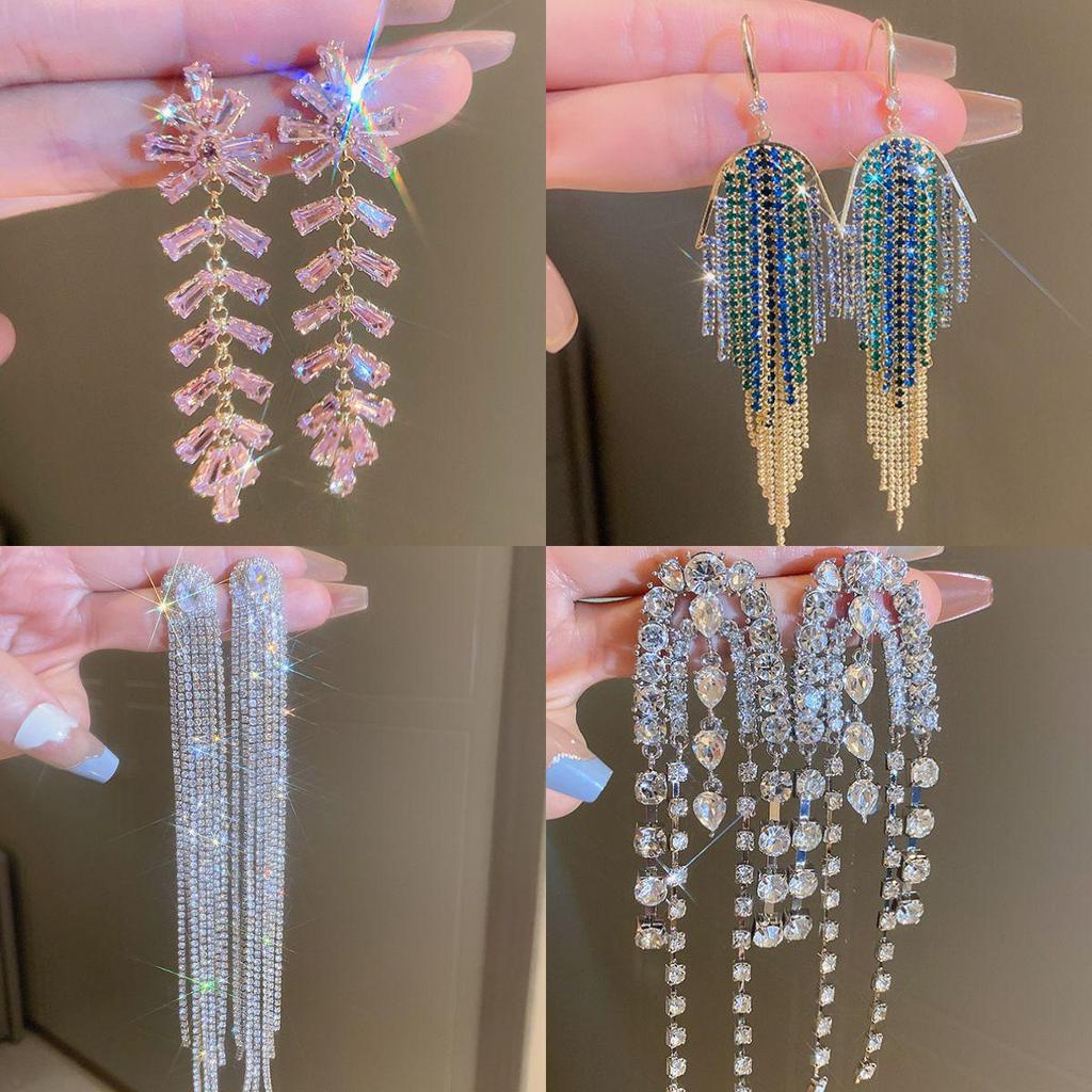 Silver Zirconia Bow Tassel Earrings: Korean Style, Exaggerated Luxury Ear Stud Ornaments.