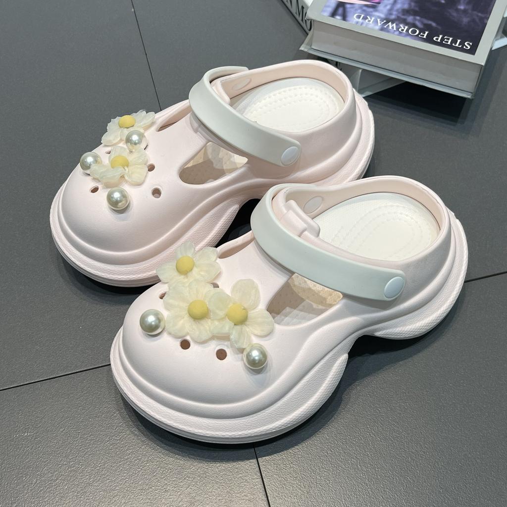 Small Yellow Flower Pearl Hole Shoes Women's Summer New Breathable Comfortable Heightening Thick-soled Outer Bag Head Slippers