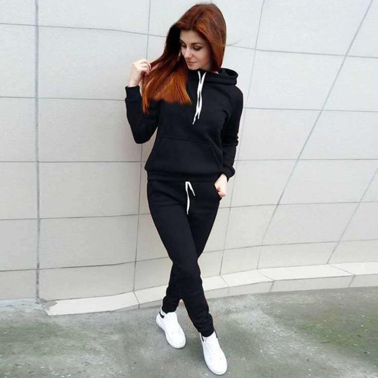 European & American Women's Autumn/Winter Fashion Set: Plus Velvet Hooded Sweatshirt & Sweatpants