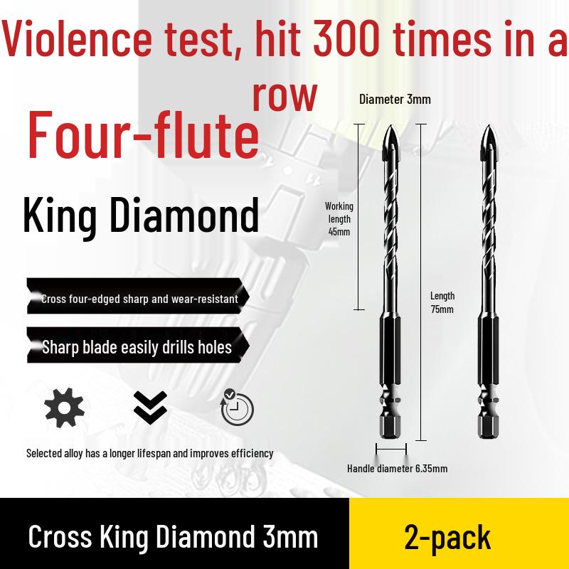 Impact Hex Shank Four-Blade Cross King Drill Bit for Concrete, Tile, and Glass