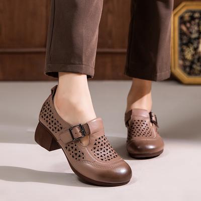 Spring and Summer New Leather Non-slip Hollowed-out Mother Sandals Medium Shoes Thick Heel Hole Shoes Soft Sole Non-slip Single Shoes Women