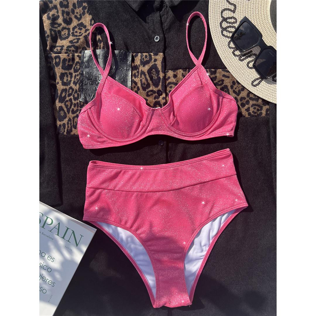 

Жіночий купальний костюм з блискучими блискучими кісточками з високою талією. Жіночий купальний костюм. Комплект із двох частин. Купальний костюм для плавання. L рожевий