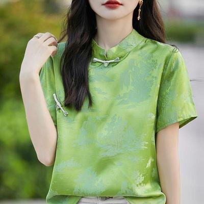 2025 Chinese Stand-up Collar Short-sleeved T-shirt Acetate Satin Jacquard Shirt Retro Button-up Top T-shirt