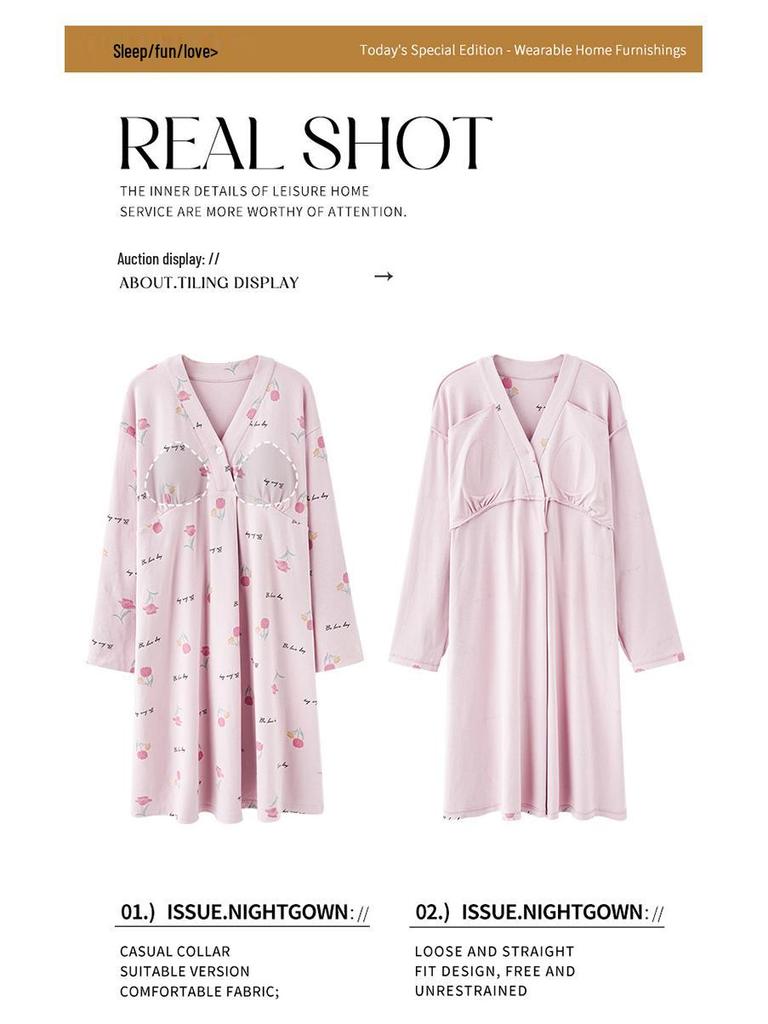 Bavlnová těhotenská noční košile s prsními vložkami pro předporodní a poporodní kojení, jarní/podzimní nošení