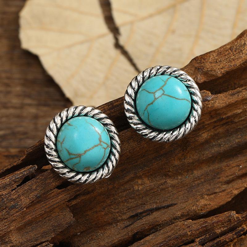 Retro Ethnic Turquoise Round Pattern Silver Stud Earrings