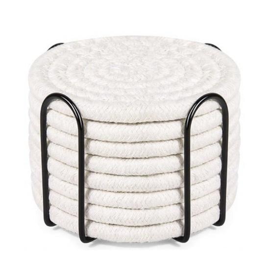 Yousheng 8Pcs Cotton Woven Coasters for Drinks, Absorbent Coasters Set with Holder, Wear-Resistant Insulating Heat-Resistant Coasters for Cups Teapots
