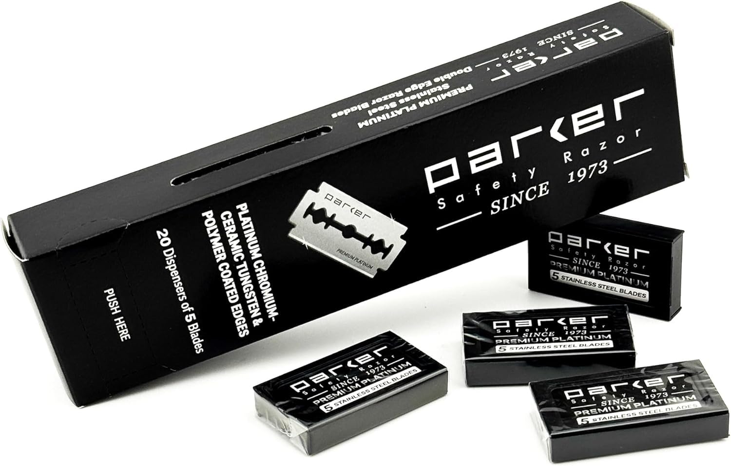 

Сменные лезвия для бритвы Parker, 5 лезвий x 20 упаковок, всего 100 штук, для гладкого и комфортного бритья. Т-образная бритва Parker для мужчин. (Двусторонний /