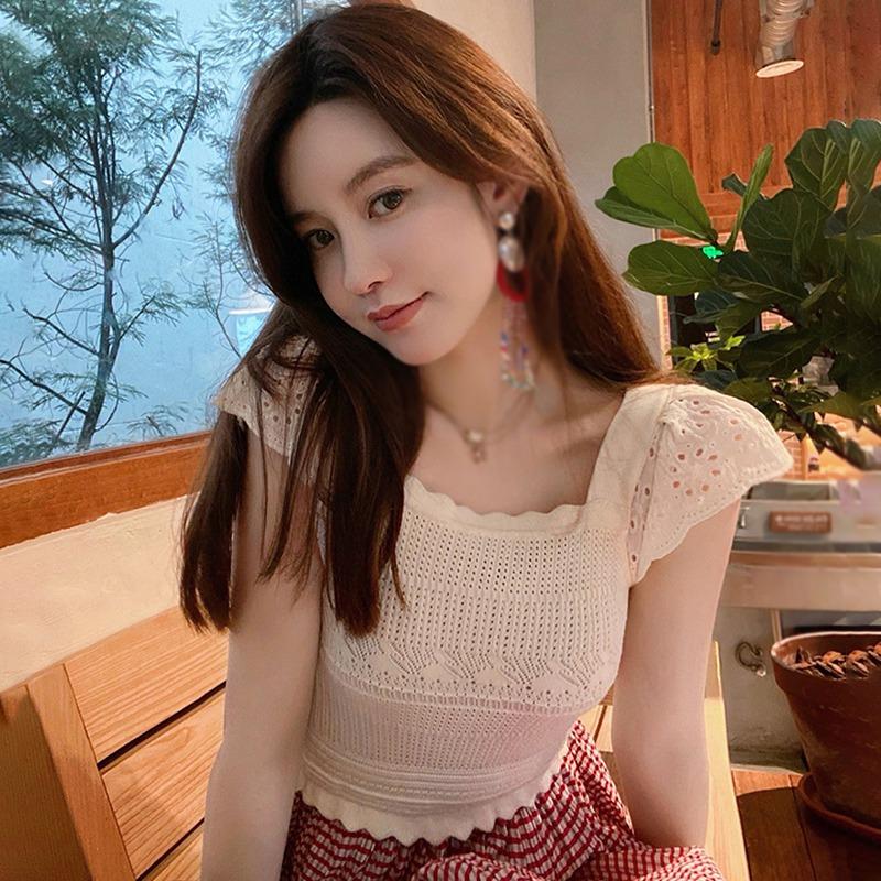 Women's Tops Solid Color Hollowed Out Sweet Square Neck Short Sleeve T-shirt