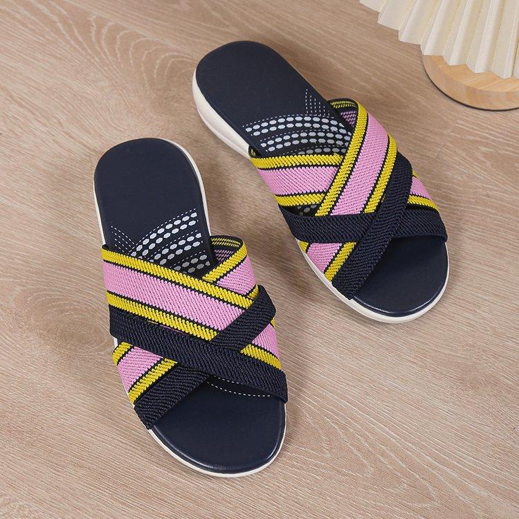 2025 foreign trade women's shoes summer new slope heel fly-woven cross-cool slippers European and American large size round head slippers