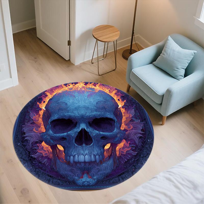 Flaming Skull,Round Area Rug,Carpet Rug for Living Room Bedroom Sofa Playroom Decor,Non-slip Floor Mat