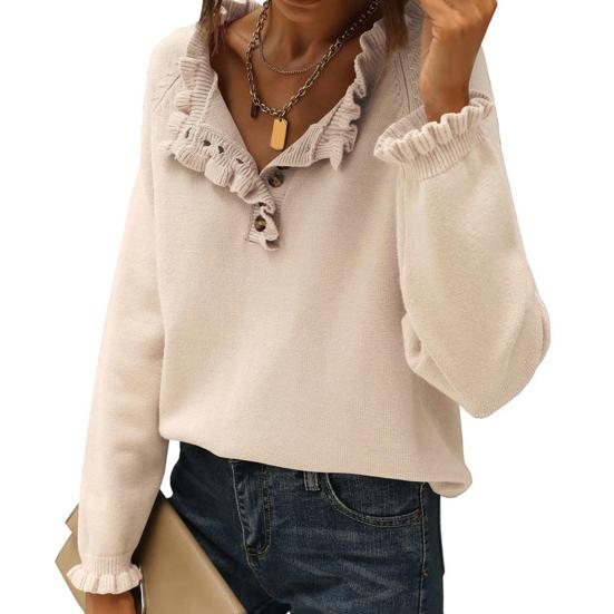 Φθινόπωρο-Χειμώνας Γυναικεία Πλεκτά Πουλόβερ με Μακρυμάνικο Κουμπωτό και Βολάν Πλεκτές Μπλούζες Μονόχρωμες Casual Πλεκτά